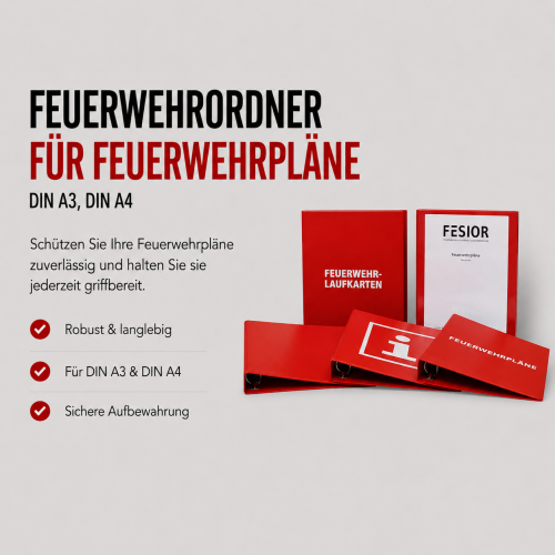 Professionelles Produktbanner für Feuerwehrordner zur sicheren Aufbewahrung von Feuerwehrplänen im Format DIN A3 und DIN A4. Modernes Layout mit Produktabbildung auf der rechten Seite und übersichtlichen Produktvorteilen auf der linken Seite. Hochwertige