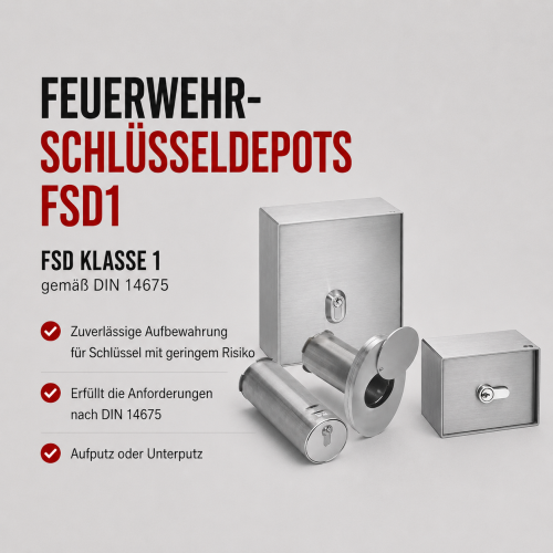 Professionelles Produktbanner für Feuerwehrschlüsseldepots FSD 1 gemäß DIN 14675. Für die sichere Aufbewahrung von Schlüsseln mit geringem Risiko. Modernes Layout mit Produktabbildung rechts und Produktinformationen links.