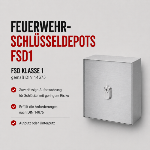 Professionelles Produktbanner für Feuerwehrschlüsseldepots FSD 1 gemäß DIN 14675. Für die sichere Aufbewahrung von Schlüsseln mit geringem Risiko. Modernes Layout mit Produktabbildung rechts und Produktinformationen links.