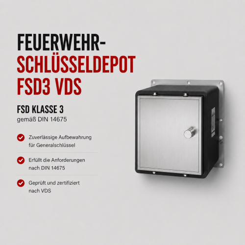 Professionelles Produktbanner für Feuerwehrschlüsseldepots FSD 3 gemäß DIN 14675 und VdS. Für die sichere Aufbewahrung von Generalschlüsseln. Modernes Layout mit Produktabbildung rechts und Produktinformationen links.