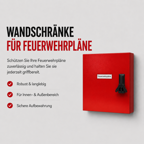 Professionelles Produktbanner für robuste Wandschränke zur sicheren Aufbewahrung von Feuerwehrplänen. Geeignet für den Innen- und Außenbereich. Modernes Layout mit Produktabbildung rechts und Produktvorteilen links.