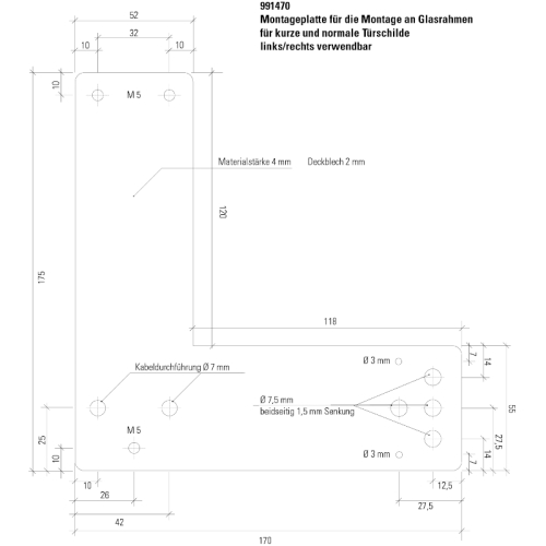 Montageplatte 175 mm  für GfS EH-Türwächter an Glasrahmen langnachleuchtend