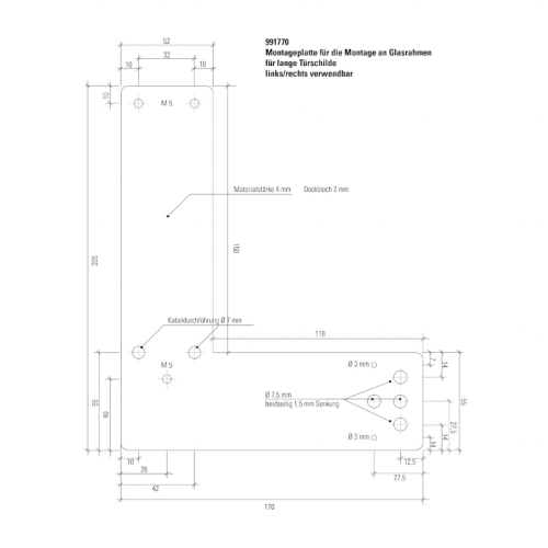 Montageplatte 205 mm für GfS EH-Türwächter an Glasrahmen langnachleuchtend